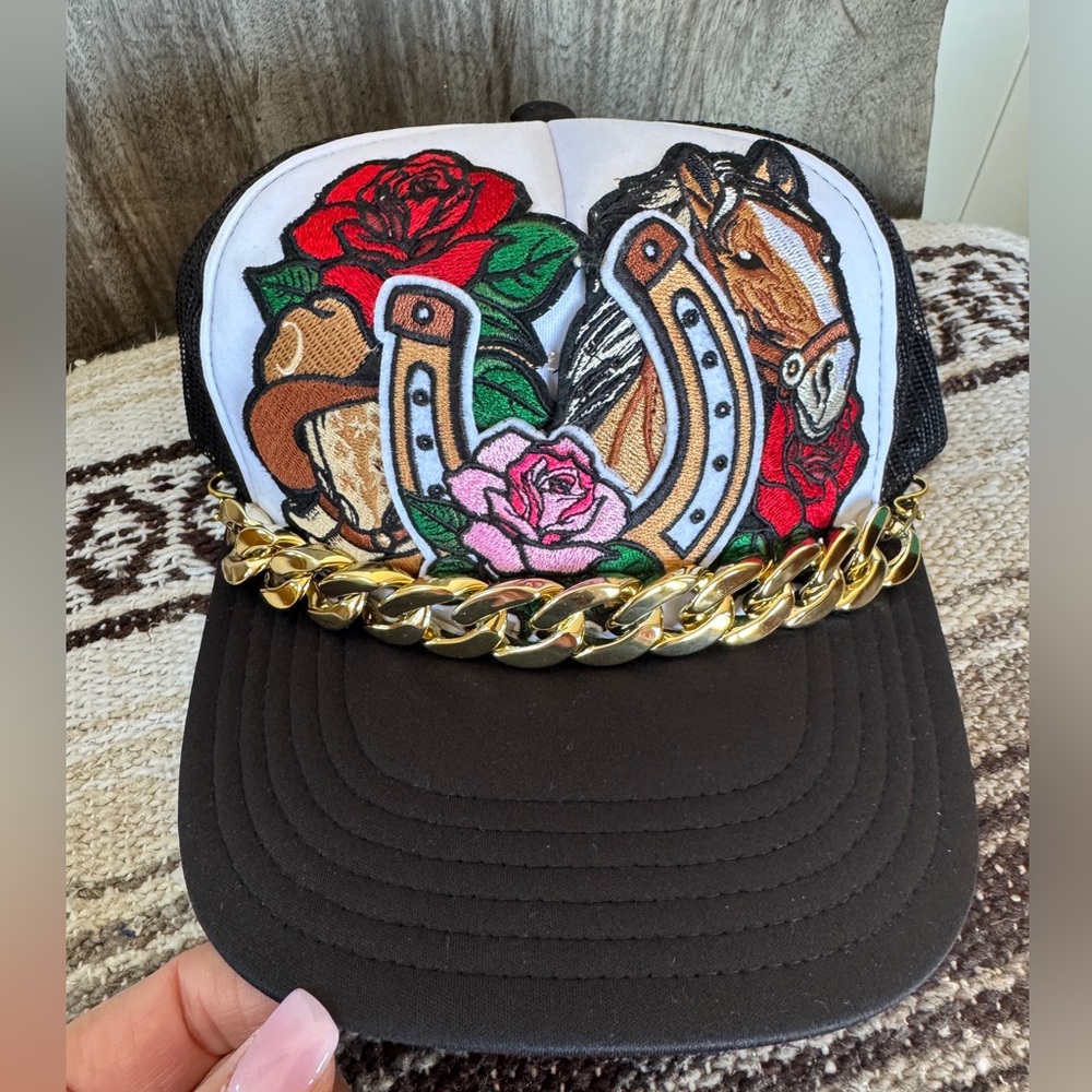 Western black trucker hat embroidered horseshoes roses horse head gold chain